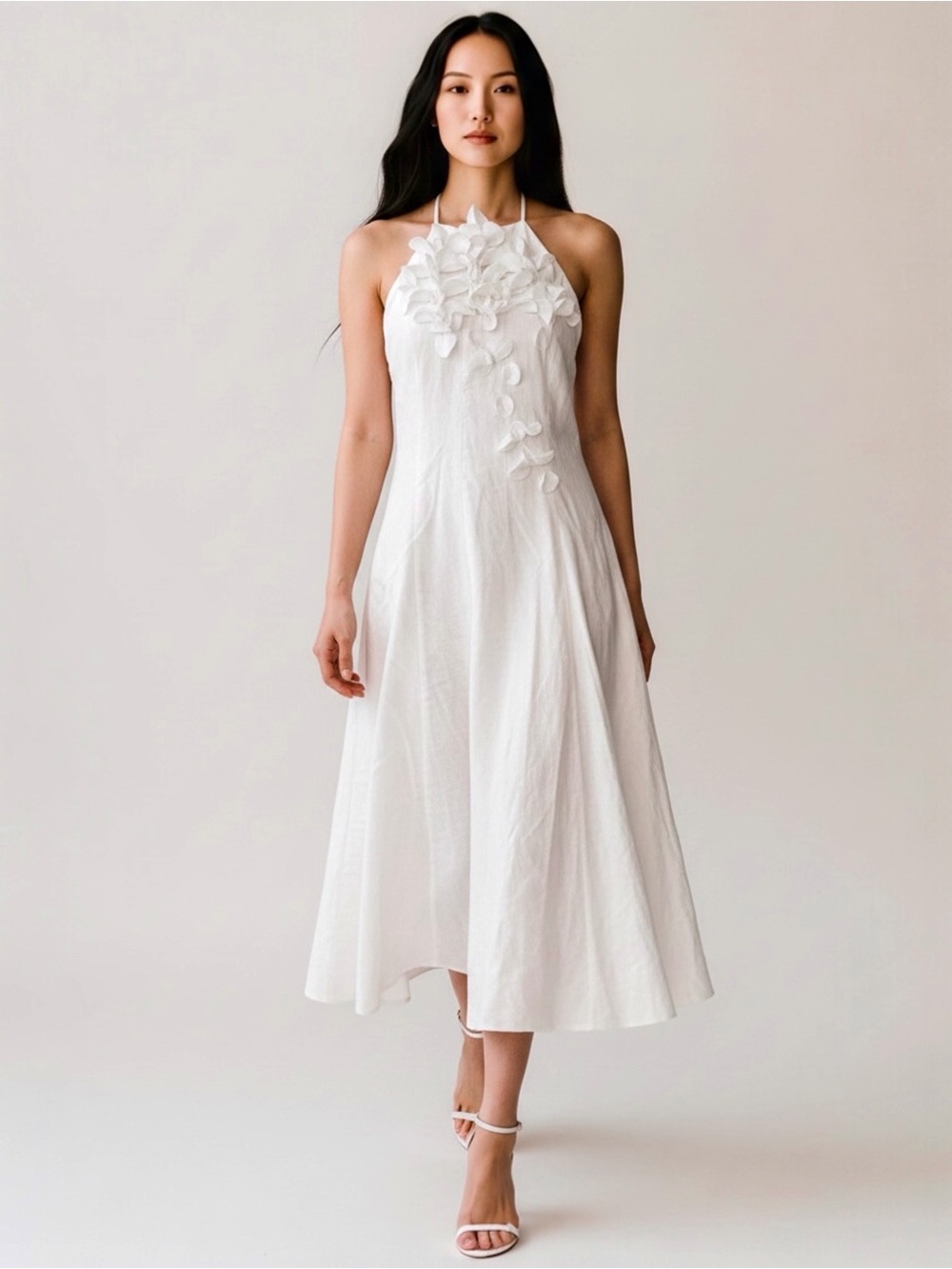 Caroline Constas Women’s 3D Floral Halter Bridal White Midi Cocktail Dress NEW